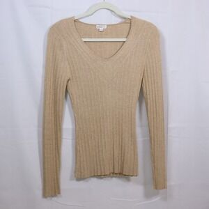 Minnie Rose Ribbed Sweater S Tan Womens V-Neck Silk Blend Knit Top